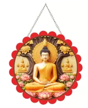 Serene Buddha Wall Hanging Photo Frame | 8 Inch Round Floral Design With Golden Hanging Chain | Decorative Religious Wall Decor For Home, Office, Temple & Pooja Room (F22015)