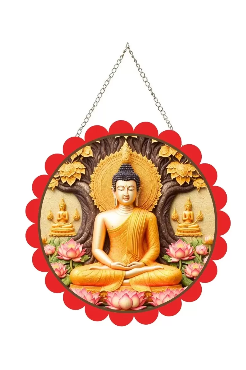 Serene Buddha Wall Hanging Photo Frame | 8 Inch Round Floral Design With Golden Hanging Chain | Decorative Religious Wall Decor For Home, Office, Temple & Pooja Room (F22015)