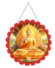 Serene Buddha Wall Hanging Photo Frame | 8 Inch Round Floral Design With Golden Hanging Chain | Decorative Religious Wall Decor For Home, Office, Temple & Pooja Room (F22016)