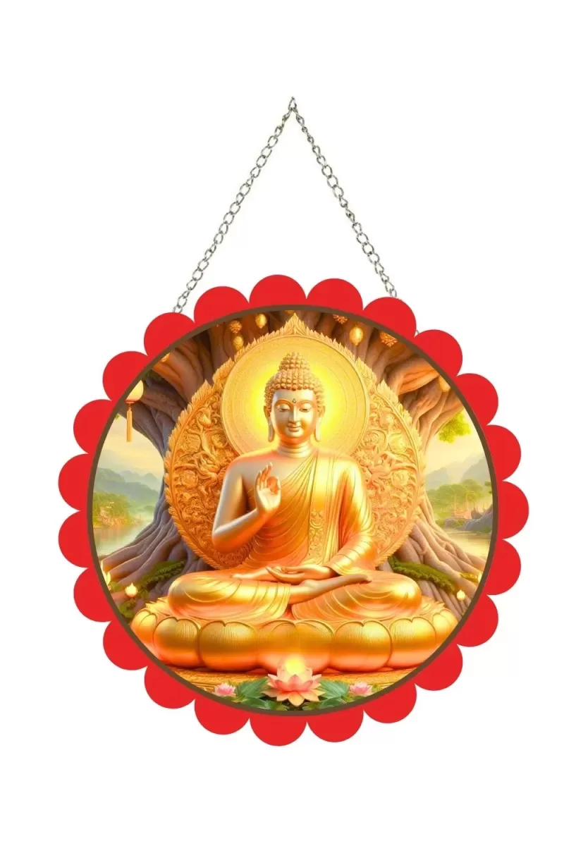 Serene Buddha Wall Hanging Photo Frame | 8 Inch Round Floral Design With Golden Hanging Chain | Decorative Religious Wall Decor For Home, Office, Temple & Pooja Room (F22016)