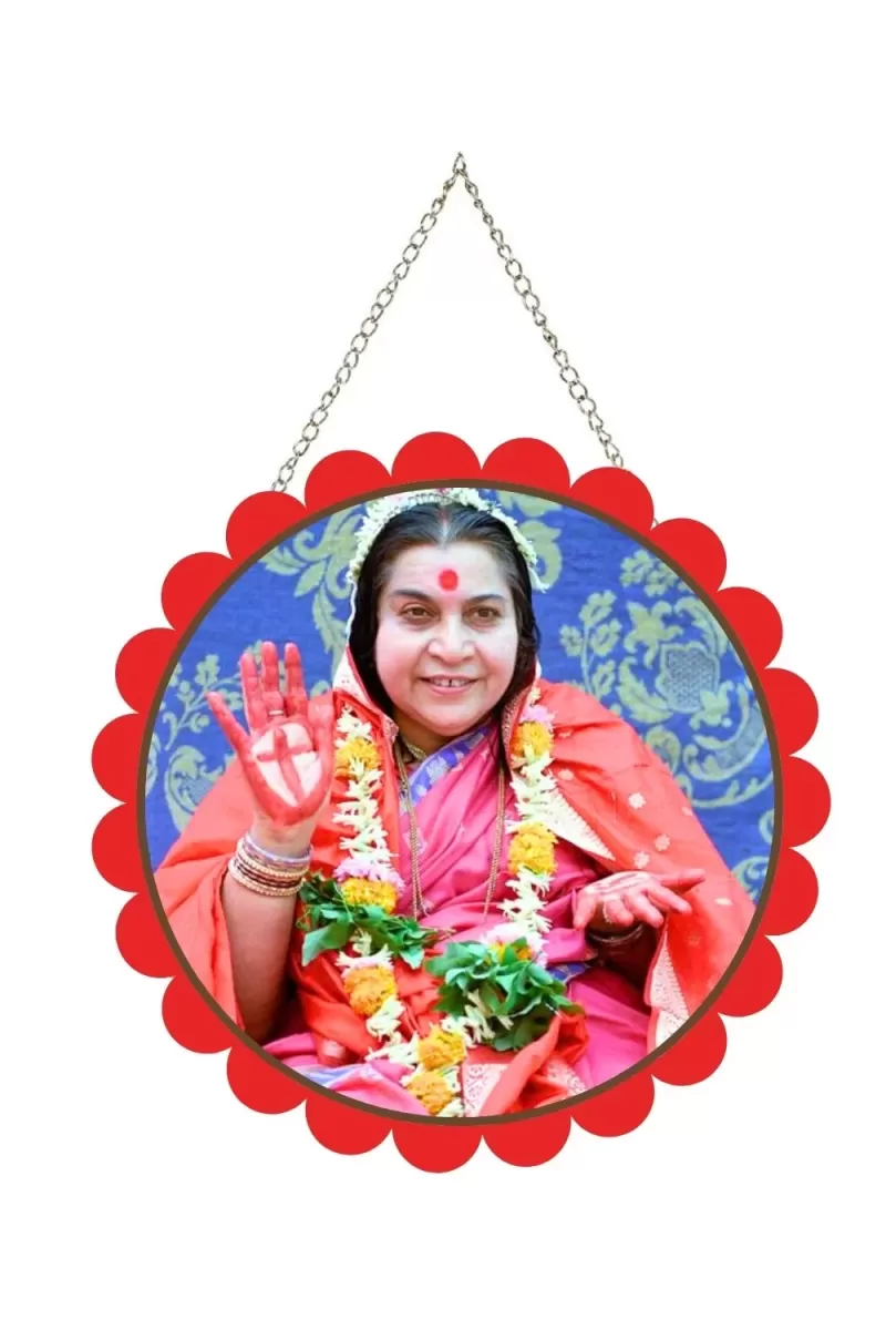 Shri Mataji Nirmala Devi Wall Hanging Photo Frame | 8 Inch Round Floral Design With Golden Hanging Chain | Decorative Religious Wall Decor For Home, Office, Temple & Pooja Room (F22022)