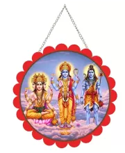 Bramha Vishnu And Shiva Wall Hanging Photo Frame | 8 Inch Round Floral Design With Golden Hanging Chain | Decorative Religious Wall Decor For Home, Office, Temple & Pooja Room (F22034)