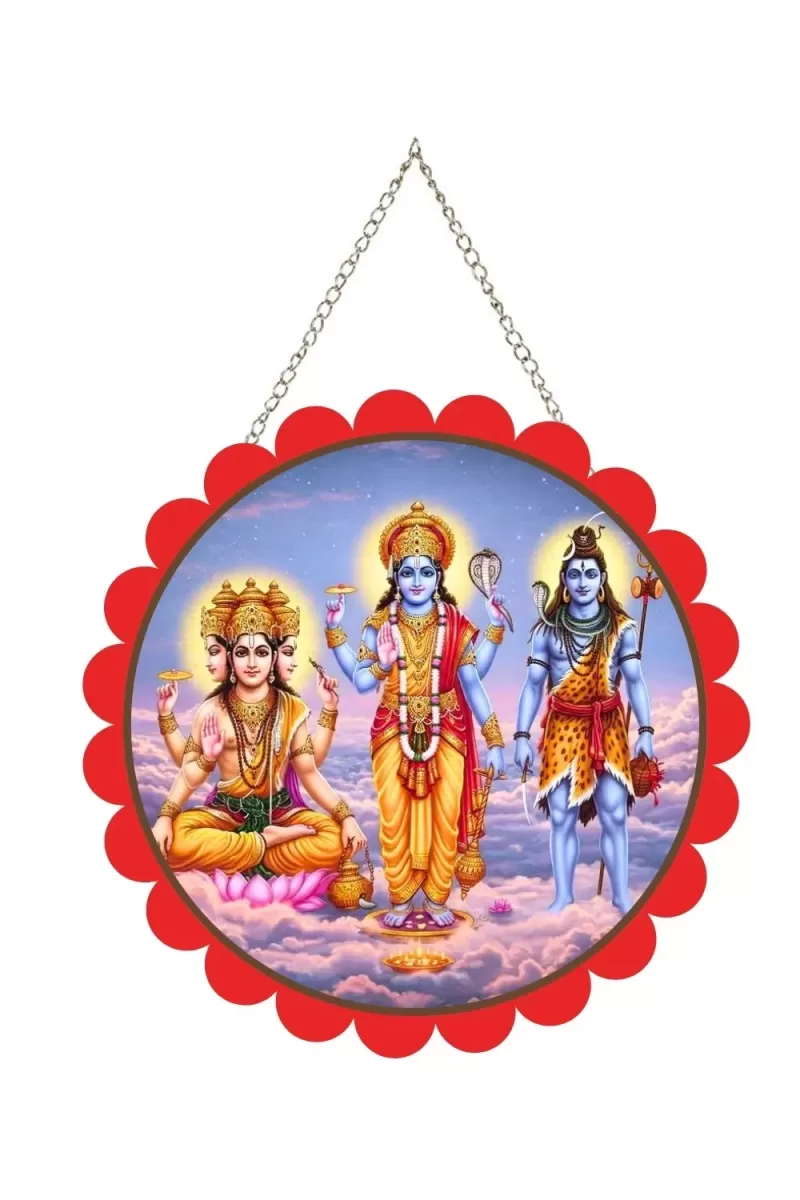 Bramha Vishnu And Shiva Wall Hanging Photo Frame | 8 Inch Round Floral Design With Golden Hanging Chain | Decorative Religious Wall Decor For Home, Office, Temple & Pooja Room (F22034)
