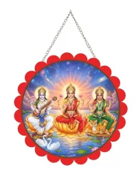 Lakshmi And Saraswathi And Parvathi Wall Hanging Photo Frame | 8 Inch Round Floral Design With Golden Hanging Chain | Decorative Religious Wall Decor For Home, Office, Temple & Pooja Room (F22038)