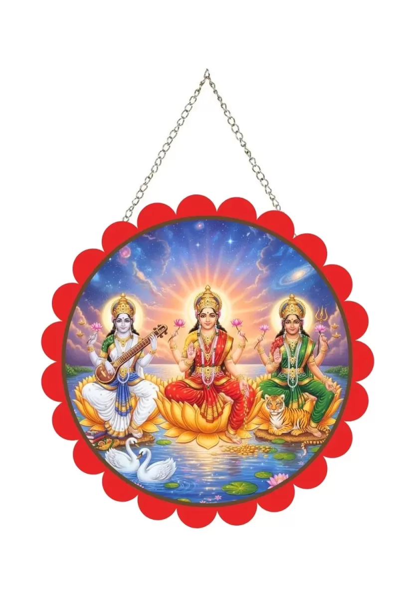 Lakshmi And Saraswathi And Parvathi Wall Hanging Photo Frame | 8 Inch Round Floral Design With Golden Hanging Chain | Decorative Religious Wall Decor For Home, Office, Temple & Pooja Room (F22038)