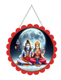 Lord Shiva And Parvathi Wall Hanging Photo Frame | 8 Inch Round Floral Design With Golden Hanging Chain | Decorative Religious Wall Decor For Home, Office, Temple & Pooja Room (F22057)