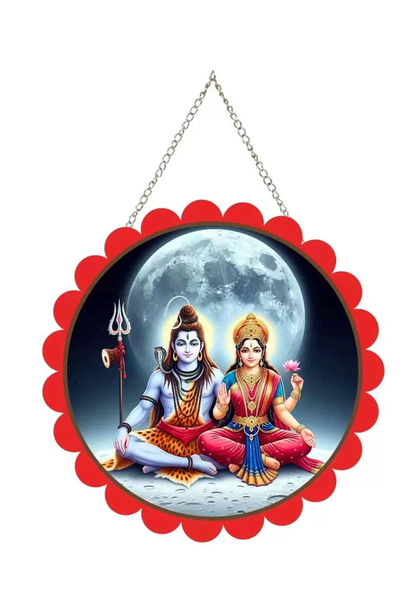 Lord Shiva And Parvathi Wall Hanging Photo Frame | 8 Inch Round Floral Design With Golden Hanging Chain | Decorative Religious Wall Decor For Home, Office, Temple & Pooja Room (F22057)