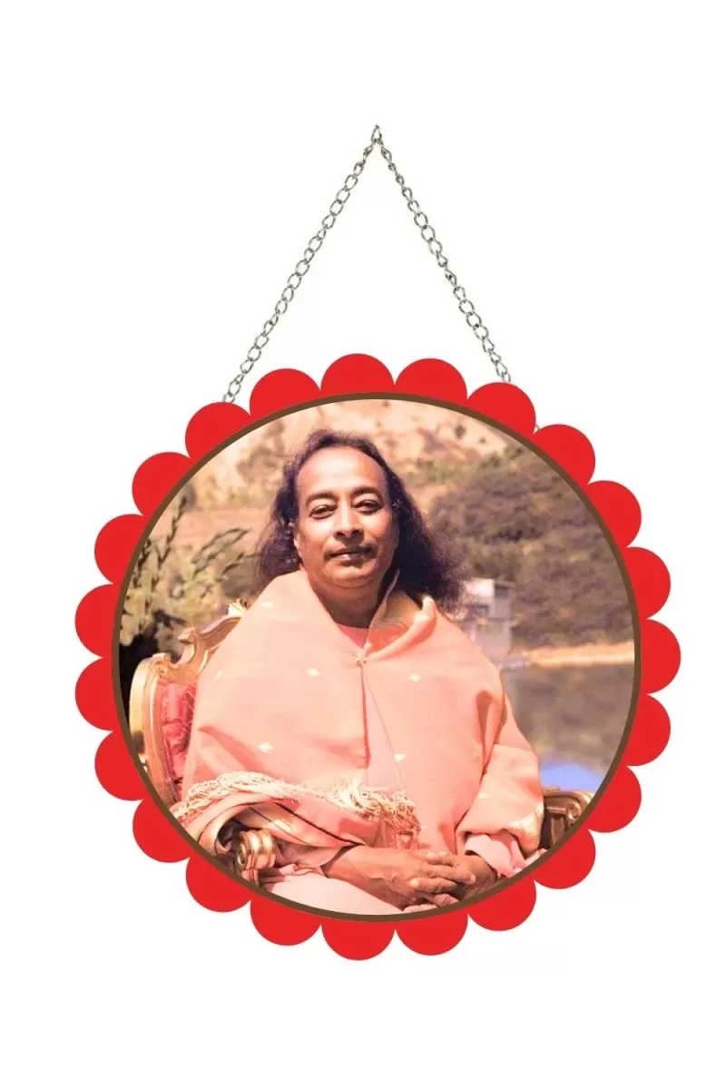 Paramahamsa Yoganananda Wall Hanging Photo Frame | 8 Inch Round Floral Design With Golden Hanging Chain | Decorative Religious Wall Decor For Home, Office, Temple & Pooja Room (F22073)