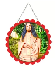 Paramahamsa Yoganananda Wall Hanging Photo Frame | 8 Inch Round Floral Design With Golden Hanging Chain | Decorative Religious Wall Decor For Home, Office, Temple & Pooja Room (F22075)