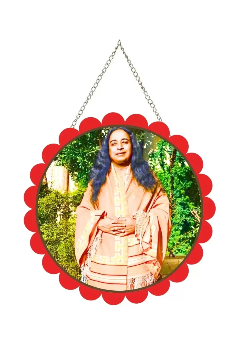 Paramahamsa Yoganananda Wall Hanging Photo Frame | 8 Inch Round Floral Design With Golden Hanging Chain | Decorative Religious Wall Decor For Home, Office, Temple & Pooja Room (F22075)