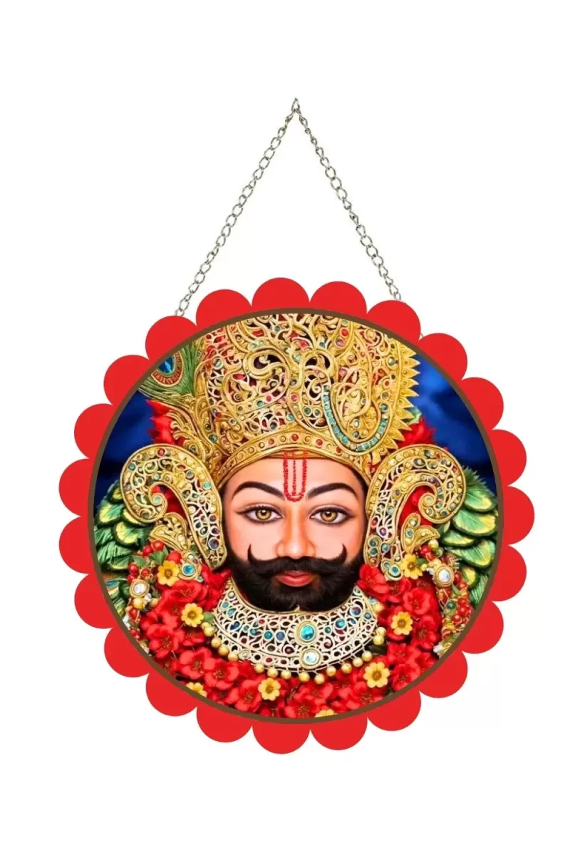 Khatu Shyam Wall Hanging Photo Frame | 8 Inch Round Floral Design With Golden Hanging Chain | Decorative Religious Wall Decor For Home, Office, Temple & Pooja Room (F22083)