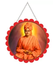 Swami Vivekananda Wall Hanging Photo Frame | 8 Inch Round Floral Design With Golden Hanging Chain | Decorative Religious Wall Decor For Home, Office, Temple & Pooja Room (F22087)