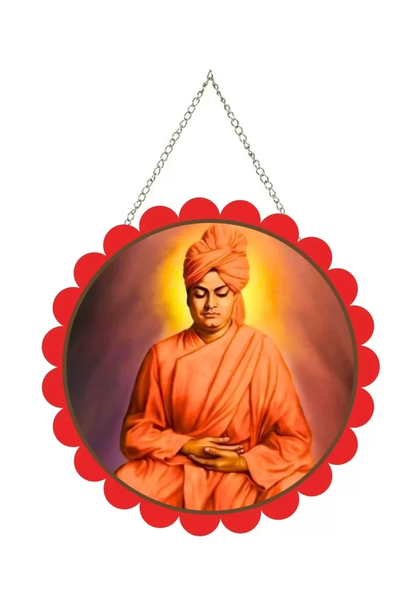 Swami Vivekananda Wall Hanging Photo Frame | 8 Inch Round Floral Design With Golden Hanging Chain | Decorative Religious Wall Decor For Home, Office, Temple & Pooja Room (F22087)