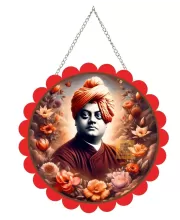 Swami Vivekananda Wall Hanging Photo Frame | 8 Inch Round Floral Design With Golden Hanging Chain | Decorative Religious Wall Decor For Home, Office, Temple & Pooja Room (F22122)