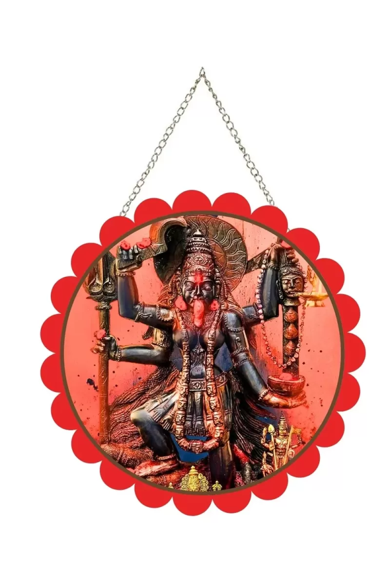 Kaali Maa Wall Hanging Photo Frame | 8 Inch Round Floral Design With Golden Hanging Chain | Decorative Religious Wall Decor For Home, Office, Temple & Pooja Room (F22124)