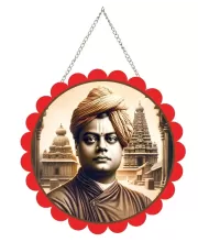 Swami Vivekananda Wall Hanging Photo Frame | 8 Inch Round Floral Design With Golden Hanging Chain | Decorative Religious Wall Decor For Home, Office, Temple & Pooja Room (F22125)