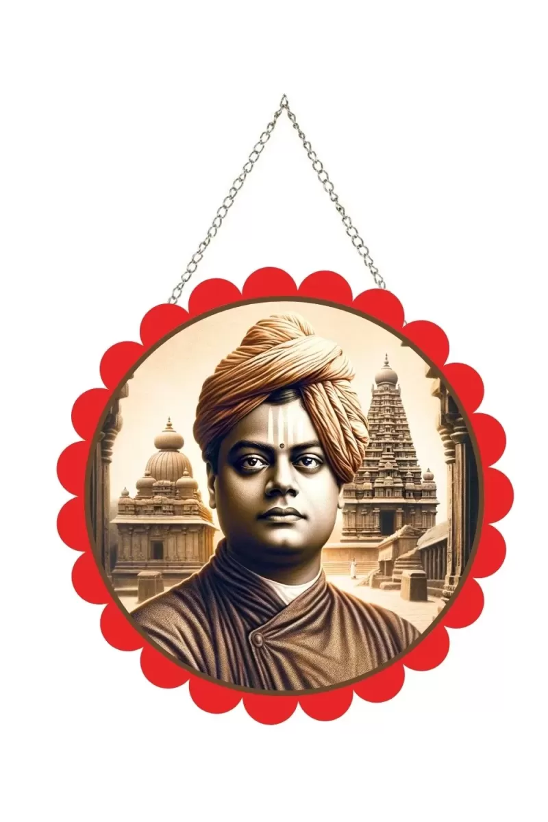 Swami Vivekananda Wall Hanging Photo Frame | 8 Inch Round Floral Design With Golden Hanging Chain | Decorative Religious Wall Decor For Home, Office, Temple & Pooja Room (F22125)