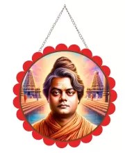 Swami Vivekananda Wall Hanging Photo Frame | 8 Inch Round Floral Design With Golden Hanging Chain | Decorative Religious Wall Decor For Home, Office, Temple & Pooja Room (F22126)