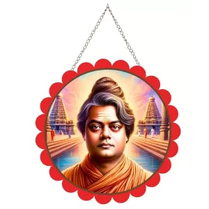 Swami Vivekananda Wall Hanging Photo Frame | 8 Inch Round Floral Design With Golden Hanging Chain | Decorative Religious Wall Decor For Home, Office, Temple & Pooja Room (F22126)