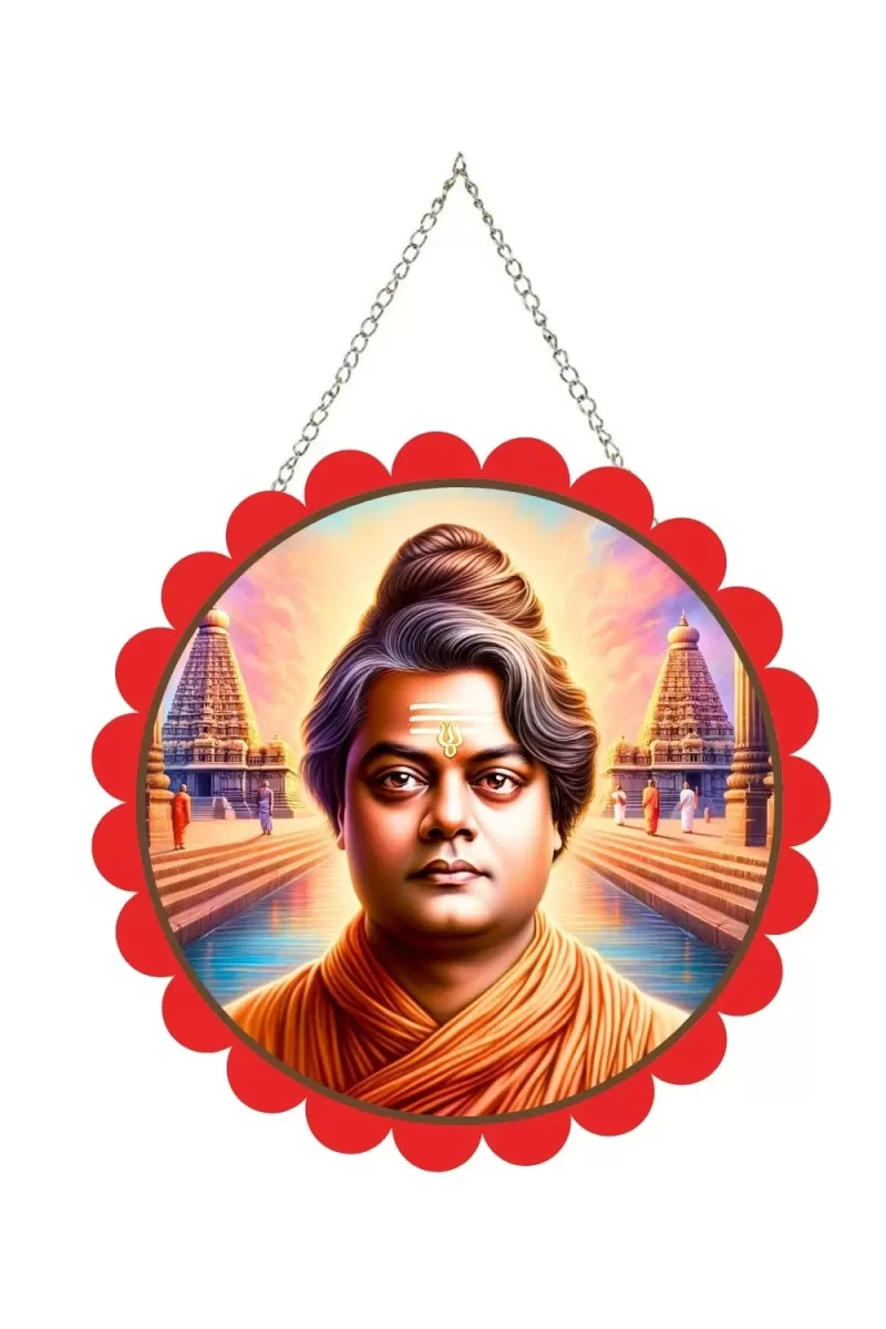Swami Vivekananda Wall Hanging Photo Frame | 8 Inch Round Floral Design With Golden Hanging Chain | Decorative Religious Wall Decor For Home, Office, Temple & Pooja Room (F22126)