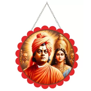 Swami Vivekananda Wall Hanging Photo Frame | 8 Inch Round Floral Design With Golden Hanging Chain | Decorative Religious Wall Decor For Home, Office, Temple & Pooja Room (F22127)