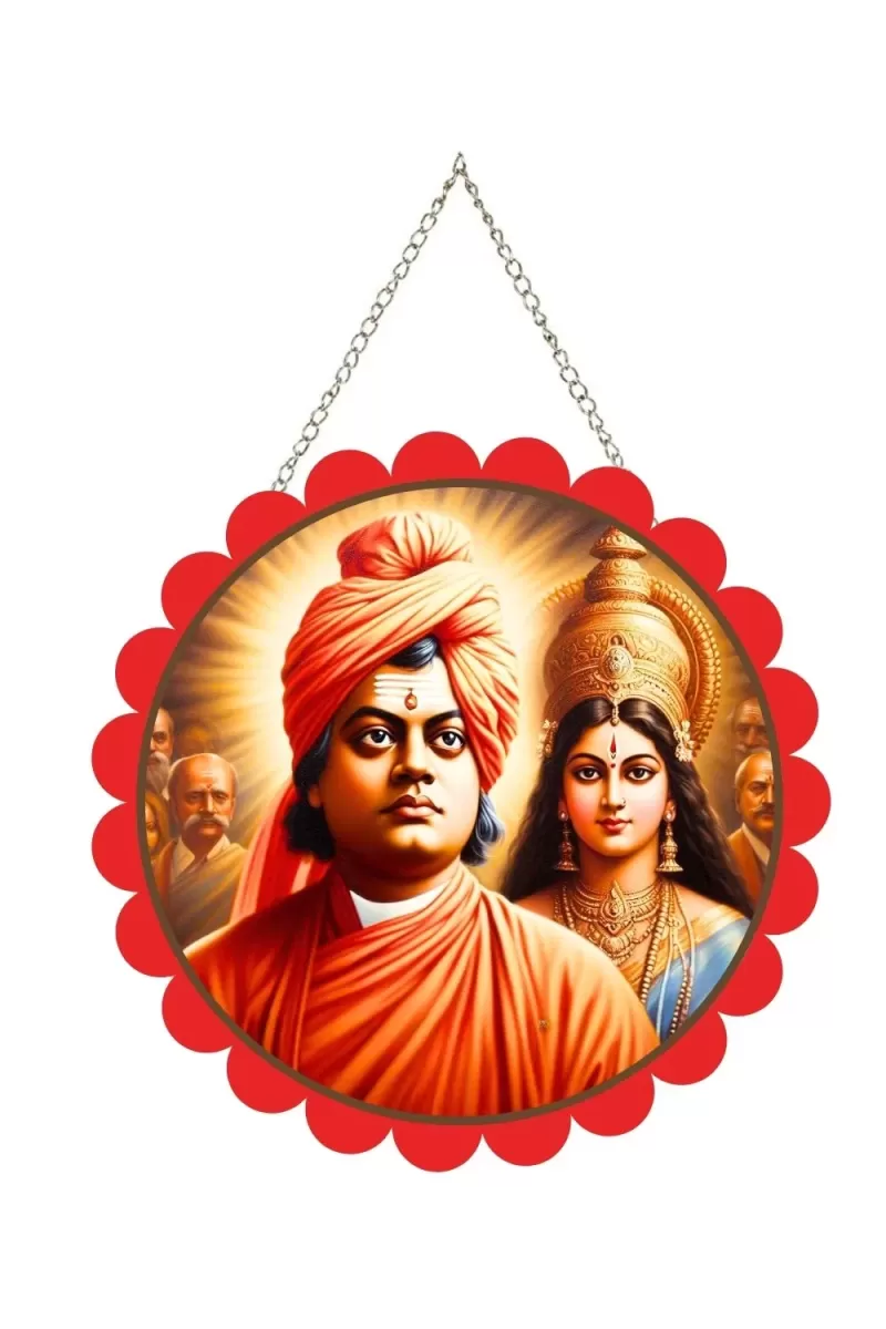 Swami Vivekananda Wall Hanging Photo Frame | 8 Inch Round Floral Design With Golden Hanging Chain | Decorative Religious Wall Decor For Home, Office, Temple & Pooja Room (F22127)