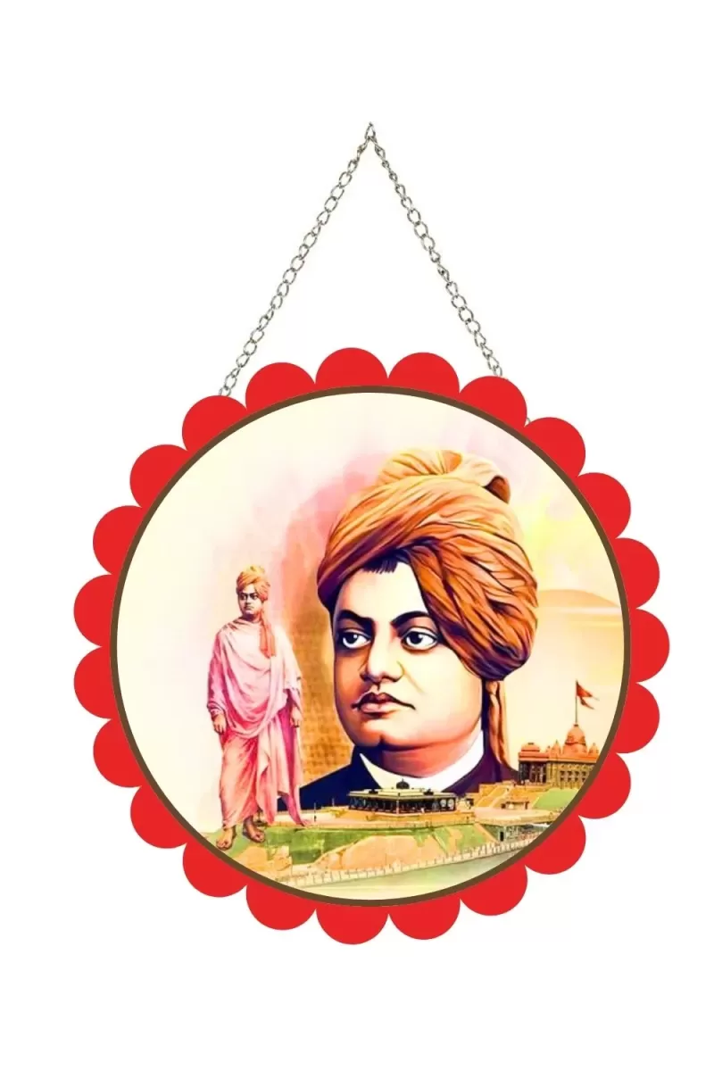 Swami Vivekananda Wall Hanging Photo Frame | 8 Inch Round Floral Design With Golden Hanging Chain | Decorative Religious Wall Decor For Home, Office, Temple & Pooja Room (F22128)