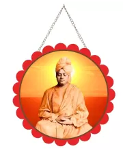 Swami Vivekananda Wall Hanging Photo Frame | 8 Inch Round Floral Design With Golden Hanging Chain | Decorative Religious Wall Decor For Home, Office, Temple & Pooja Room (F22129)
