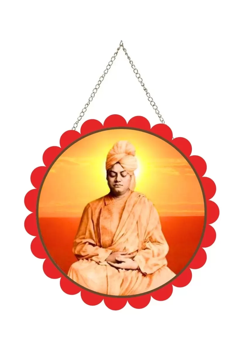 Swami Vivekananda Wall Hanging Photo Frame | 8 Inch Round Floral Design With Golden Hanging Chain | Decorative Religious Wall Decor For Home, Office, Temple & Pooja Room (F22129)
