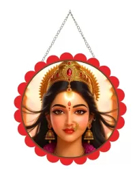 Goddess Durga Wall Hanging Photo Frame | 8 Inch Round Floral Design With Golden Hanging Chain | Decorative Religious Wall Decor For Home, Office, Temple & Pooja Room (F22134)