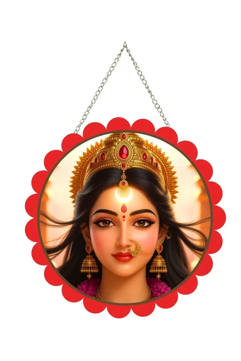 Goddess Durga Wall Hanging Photo Frame | 8 Inch Round Floral Design With Golden Hanging Chain | Decorative Religious Wall Decor For Home, Office, Temple & Pooja Room (F22134)