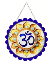 Om Symbol Wall Hanging Photo Frame | 8 Inch Round Floral Design With Golden Hanging Chain | Decorative Religious Wall Decor For Home, Office, Temple & Pooja Room (F22156)