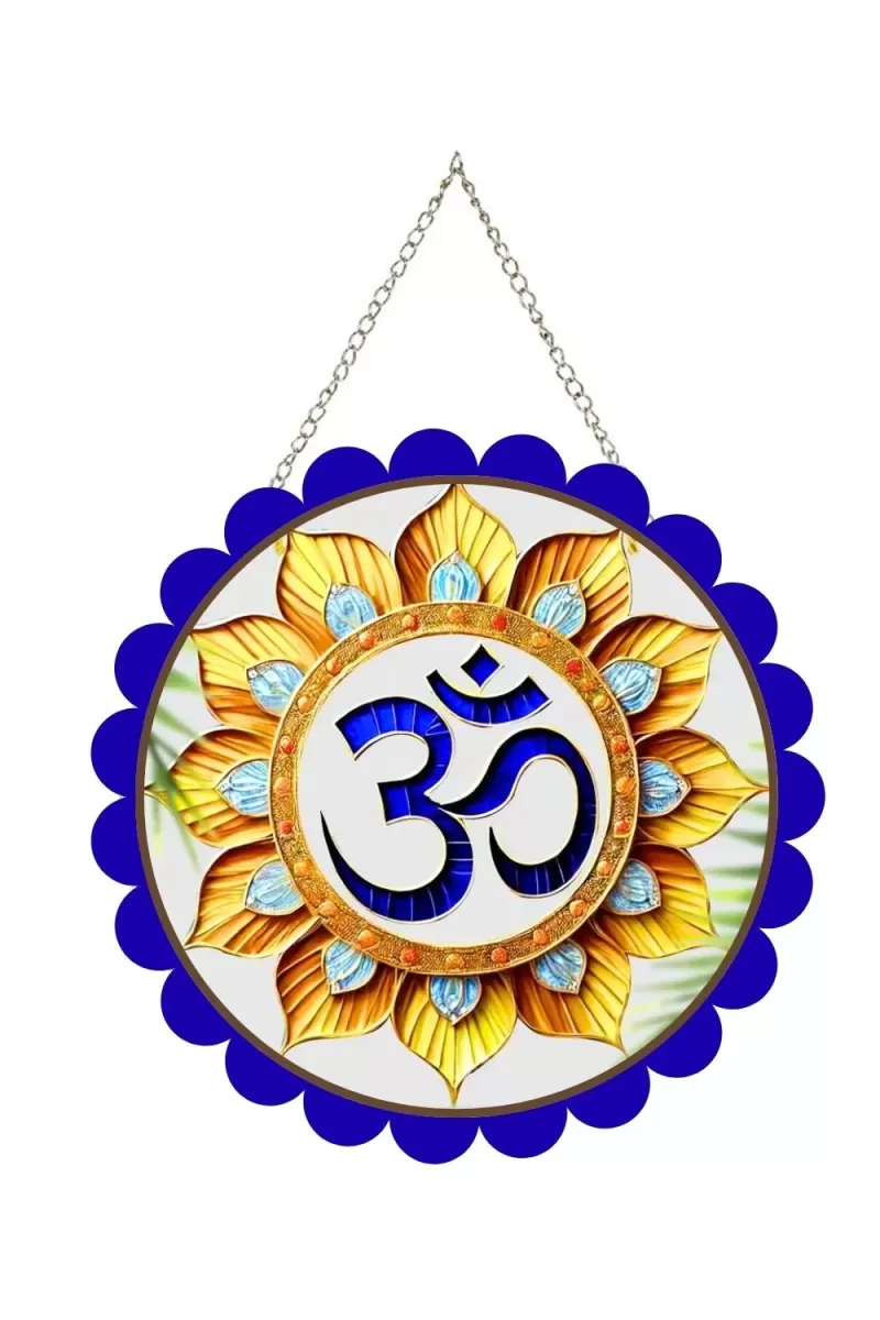 Om Symbol Wall Hanging Photo Frame | 8 Inch Round Floral Design With Golden Hanging Chain | Decorative Religious Wall Decor For Home, Office, Temple & Pooja Room (F22156)