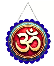 Om Symbol Wall Hanging Photo Frame | 8 Inch Round Floral Design With Golden Hanging Chain | Decorative Religious Wall Decor For Home, Office, Temple & Pooja Room (F22157)