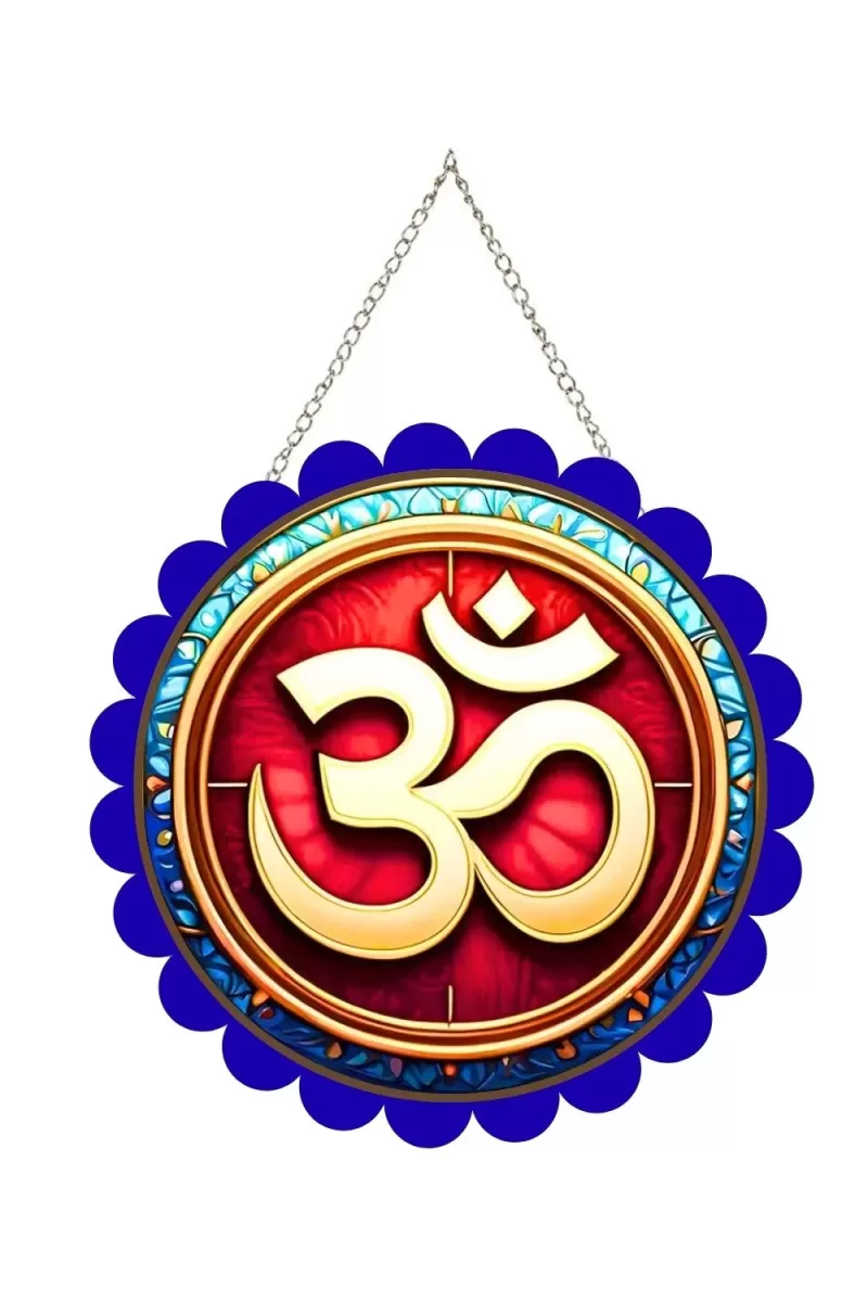 Om Symbol Wall Hanging Photo Frame | 8 Inch Round Floral Design With Golden Hanging Chain | Decorative Religious Wall Decor For Home, Office, Temple & Pooja Room (F22157)