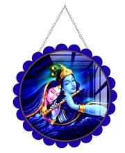 Radha Krishna Wall Hanging Photo Frame | 8 Inch Round Floral Design With Golden Hanging Chain | Decorative Religious Wall Decor For Home, Office, Temple & Pooja Room (F22159)