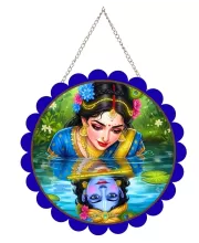Radha Krishna Wall Hanging Photo Frame | 8 Inch Round Floral Design With Golden Hanging Chain | Decorative Religious Wall Decor For Home, Office, Temple & Pooja Room (F22160)