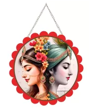 Radha Krishna Wall Hanging Photo Frame | 8 Inch Round Floral Design With Golden Hanging Chain | Decorative Religious Wall Decor For Home, Office, Temple & Pooja Room (F22161)