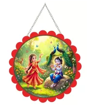 Radha Krishna Wall Hanging Photo Frame | 8 Inch Round Floral Design With Golden Hanging Chain | Decorative Religious Wall Decor For Home, Office, Temple & Pooja Room (F22163)