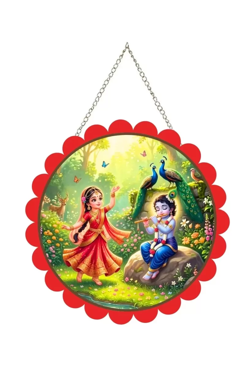 Radha Krishna Wall Hanging Photo Frame | 8 Inch Round Floral Design With Golden Hanging Chain | Decorative Religious Wall Decor For Home, Office, Temple & Pooja Room (F22163)