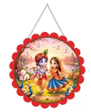 Radha Krishna Wall Hanging Photo Frame | 8 Inch Round Floral Design With Golden Hanging Chain | Decorative Religious Wall Decor For Home, Office, Temple & Pooja Room (F22164)