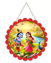 Radha Krishna Wall Hanging Photo Frame | 8 Inch Round Floral Design With Golden Hanging Chain | Decorative Religious Wall Decor For Home, Office, Temple & Pooja Room (F22165)
