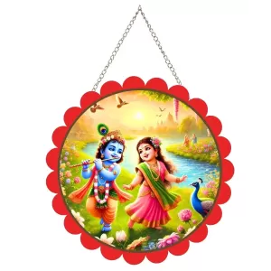 Radha Krishna Wall Hanging Photo Frame | 8 Inch Round Floral Design With Golden Hanging Chain | Decorative Religious Wall Decor For Home, Office, Temple & Pooja Room (F22165) Radha Krishna Wall Hanging Photo Frame | 8 Inch Round Floral Design With Golden Hanging Chain | Decorative Religious Wall Decor For Home, Office, Temple & Pooja Room (F22165)