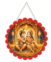 Radha Krishna Wall Hanging Photo Frame | 8 Inch Round Floral Design With Golden Hanging Chain | Decorative Religious Wall Decor For Home, Office, Temple & Pooja Room (F22166)