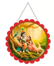 Radha Krishna Wall Hanging Photo Frame | 8 Inch Round Floral Design With Golden Hanging Chain | Decorative Religious Wall Decor For Home, Office, Temple & Pooja Room (F22167)