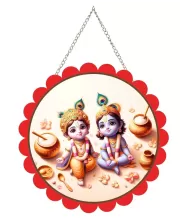 Radha Krishna Wall Hanging Photo Frame | 8 Inch Round Floral Design With Golden Hanging Chain | Decorative Religious Wall Decor For Home, Office, Temple & Pooja Room (F22168)