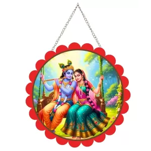 Radha Krishna Wall Hanging Photo Frame | 8 Inch Round Floral Design With Golden Hanging Chain | Decorative Religious Wall Decor For Home, Office, Temple & Pooja Room (F22173) Radha Krishna Wall Hanging Photo Frame | 8 Inch Round Floral Design With Golden Hanging Chain | Decorative Religious Wall Decor For Home, Office, Temple & Pooja Room (F22173)