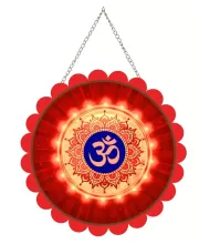 Om Symbol Wall Hanging Photo Frame | 8 Inch Round Floral Design With Golden Hanging Chain | Decorative Religious Wall Decor For Home, Office, Temple & Pooja Room (F22179)