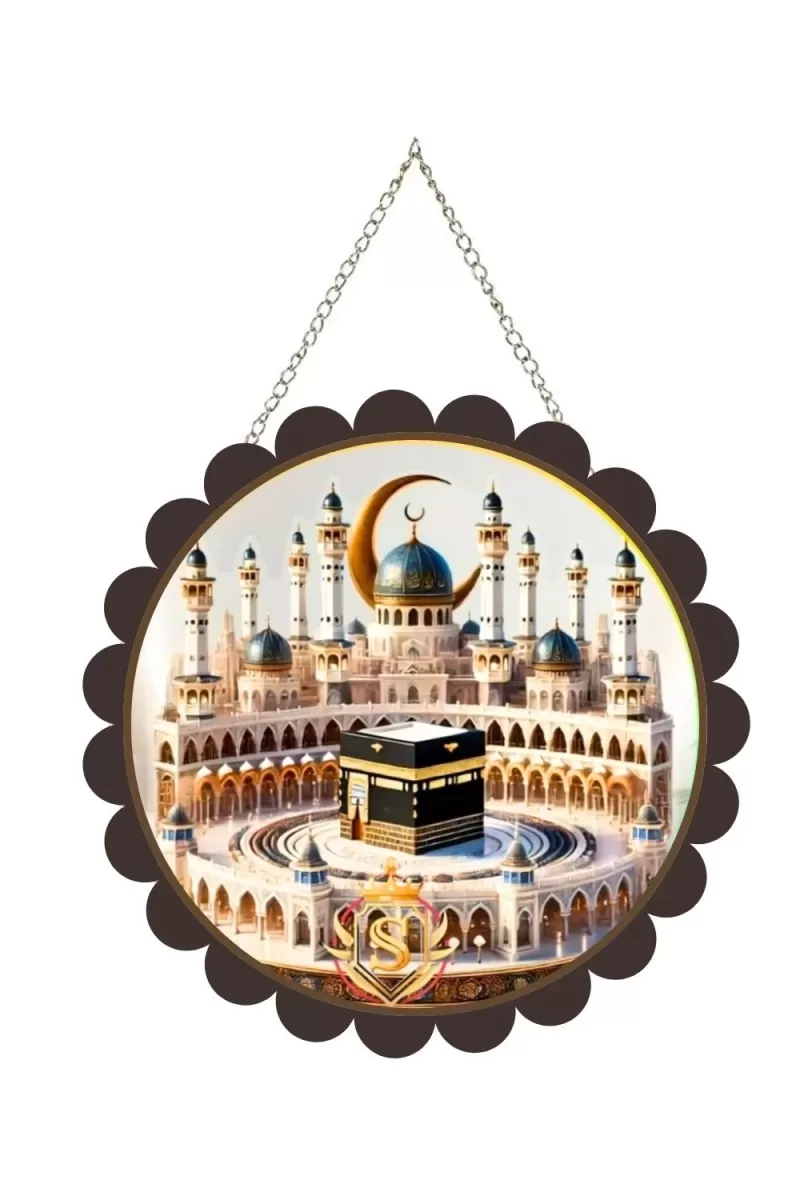 Mucca Masid Wall Hanging Photo Frame | 8 Inch Round Floral Design With Golden Hanging Chain | Decorative Religious Wall Decor For Home, Office, Temple & Pooja Room (F22181)