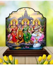 Car Dashboard/Table Top Goddess Lakshmi Parvathi Saraswathi Wooden Rectangle Photo Stand  3x4 Inches, Compact & Stylish Spiritual Display For Car, Home & Office (Pack Of 1) (F22200)